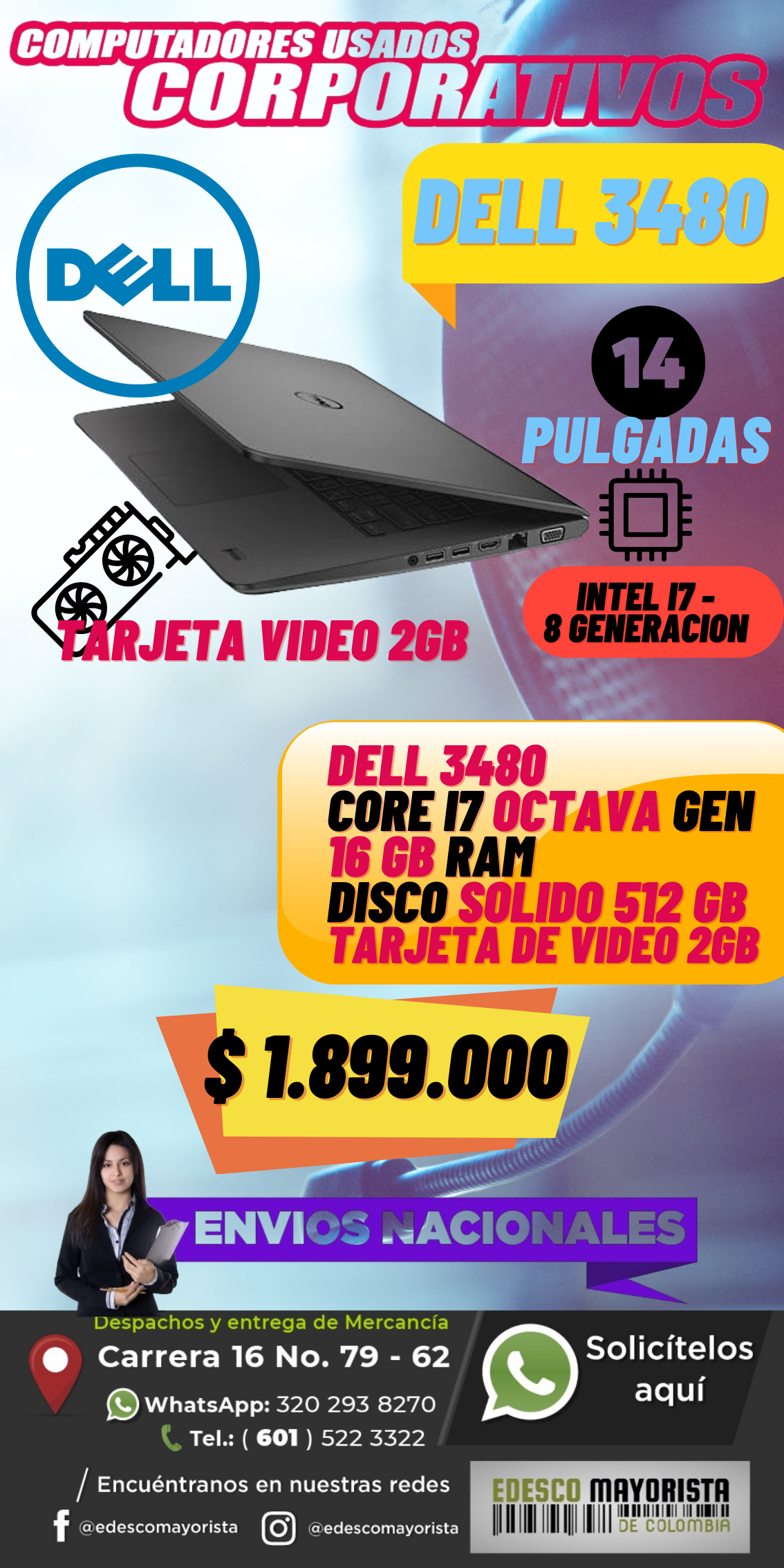 Dell 3480 con tarjeta de video 14 PULG BATERIA NUEVA
